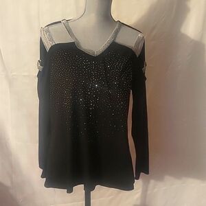 Sheilay Bedazzled Long Sleeve Black and Silver Top With Silver Cutout Sleeves, L